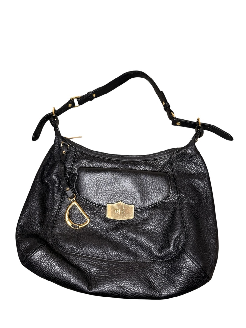 Ralph Lauren Black Pebbled Leather Shoulder Hobo with Gold Hardware Medium Size